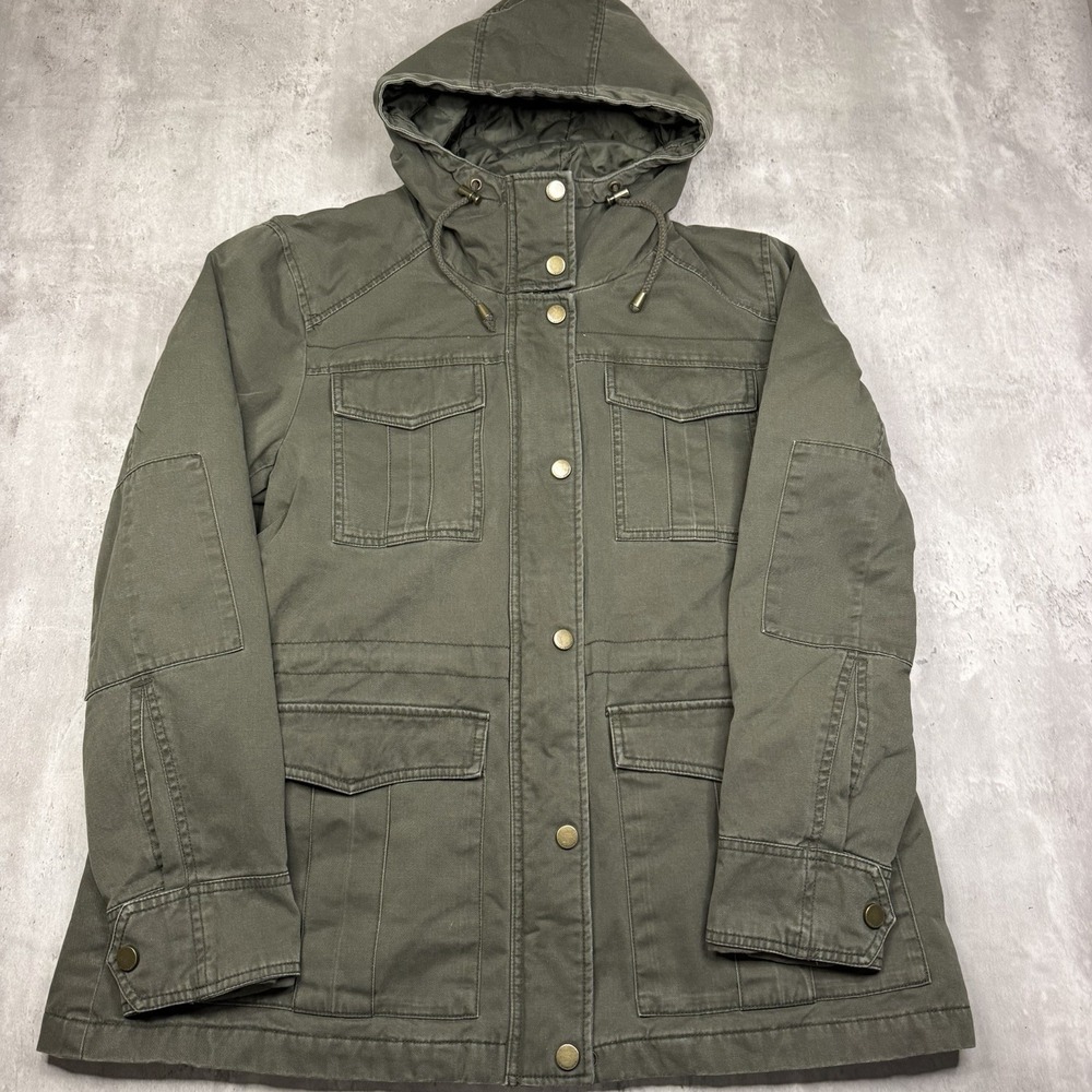 Lucky Brand Utility Jacket Women XL Green Hooded Quilted Lined Military Coat